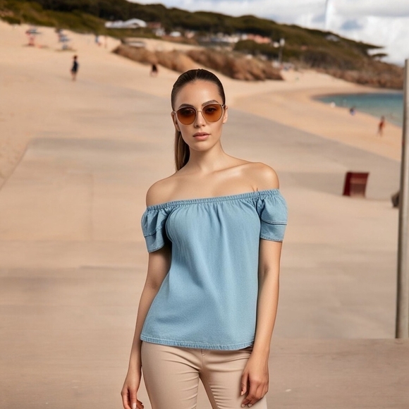 Women Top Cavalini Off the Shoulder Denim Blue Double Layer Ruffled Sleeve Shirt - Picture 1 of 11